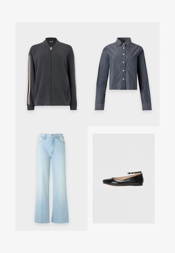 Dunkelgrauer Sweatshirt mit Reißverschluss und Stehkragen, ausgestattet mit weißen Seitenstreifen und gerippten Bündchen. Hergestellt aus weichem Stoff ohne sichtbare Muster.; Dunkelgraues, kurzes Hemd mit weißen vertikalen Nadelstreifen, langen Ärmeln, spitzem Kragen und einer Brusttasche vorne.; Hellblaue Jeans mit hoher Taille und weitem Bein, vorne mit Knöpfen, Reißverschluss und Taschen, auf weißem Hintergrund dargestellt.; Schwarze Leder-Ballerinas mit runder Zehenpartie, Knöchelriemen und niedrigem Absatz. Glatte Textur und minimalistisches Design.