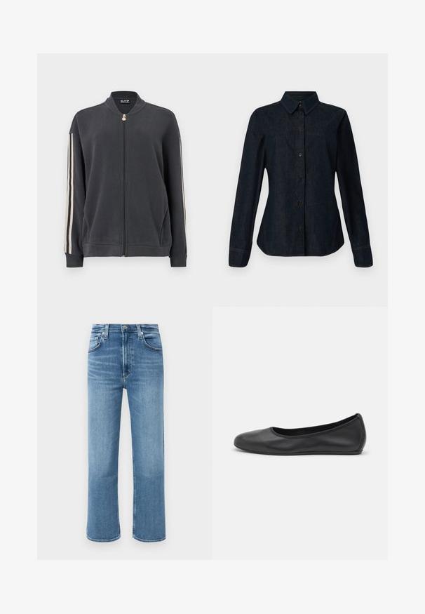Mørkegrå lynlåstrøje med opretstående krave, med hvide striber på siderne og ribstrikkede manchetter. Fremstillet af blødt stof uden synlige mønstre.; CLOSED SEAMING SHIRT - Skjortebluser - dark blue; Mellemblå, lige ben denimjeans med høj talje, frontknap og fem-lomme stil på en ensfarvet baggrund.; Sort læderballetsko med rund tå, glat tekstur, minimal syning og et fleksibelt såldesign.
