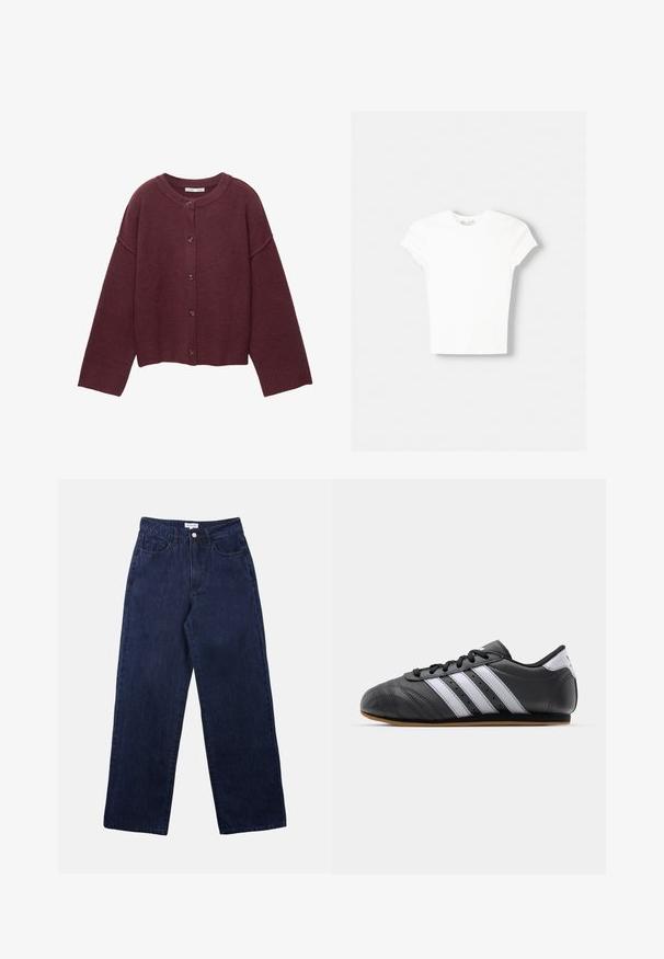 Cardigan en laine bordeaux foncé à boutons, manches longues avec poignets et ourlet côtelés, doté d'un col rond et d'une coupe décontractée.; T-shirt blanc à manches courtes en coton doux, avec un col rond et une coupe ajustée. Pas de motifs ni d'ornements visibles.; Pantalons en denim bleu foncé avec une coupe droite, dotés d'une fermeture à bouton à l'avant, de passants de ceinture et de deux poches avant.; Baskets de sport en cuir noir avec des rayures blanches, bout rond, semelle plate et fermeture à lacets. Comprend des perforations pour la respirabilité.