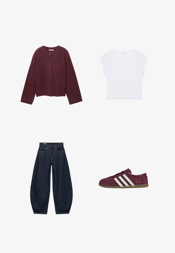 Cardigan en laine bordeaux foncé à boutons, manches longues avec poignets et ourlet côtelés, doté d'un col rond et d'une coupe décontractée.; T-shirt court blanc à manches courtes avec col rond, en tissu lisse, posé à plat sur un fond blanc.; Jean en denim bleu foncé à jambes larges avec poches avant, passants de ceinture et fermeture par bouton à la taille.; Baskets en daim bordeaux avec accents rayés blancs, bout arrondi et semelle en caoutchouc gomme. Comprend une étiquette logo sur le côté extérieur.