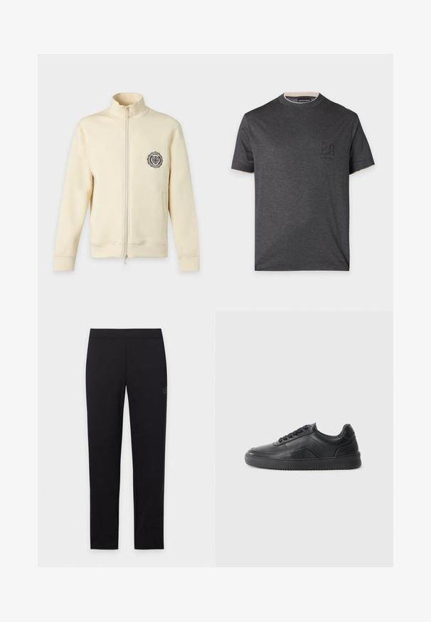 Veste crème zippée avec col haut et petit emblème circulaire noir et blanc sur la poitrine gauche, présentée sur fond blanc.; T-shirt gris foncé à manches courtes et col rond avec un logo embossé discret sur la poitrine gauche et une bordure de col beige clair contrastante.; Legging noir slim avec ceinture élastique, présenté à plat sur un fond blanc.; Chaussure de sport en cuir noir avec une finition lisse, bout arrondi, panneau latéral texturé et lacets noirs. Présente une semelle en caoutchouc plate et un design minimaliste.