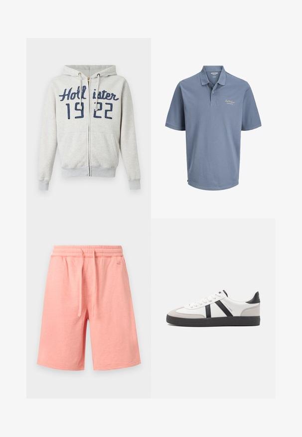 Lichtgrijze hoodie met rits met de tekst "Hollister 1922" in donkerblauw, zakken aan de voorkant, een capuchon met trekkoord en geribde boorden en zoom.; Blauw poloshirt met korte mouwen, kraag en twee knopen, met het "Jack & Jones" logo geborduurd op de linkerborst.; Lichtroze casual shorts tot op de knie met een elastische tailleband, trekkoord, zijzakken en een klein logo aan de rechter voorkant.; Witte sneaker met zwarte en grijze accenten, voorzien van een grijze neus met textuur, zwarte rubberen zool en platte witte veters. Schoon ontwerp, minimalistische stijl.