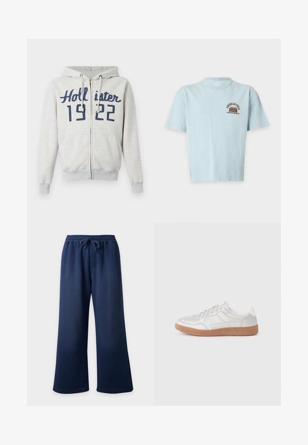 Lichtgrijze hoodie met rits met de tekst "Hollister 1922" in donkerblauw, zakken aan de voorkant, een capuchon met trekkoord en geribde boorden en zoom.; Lichtblauw T-shirt met korte mouwen en bruin "American Style GAP New York Athletic Sports" logo op de linkerbovenborst. Geen objecten op de achtergrond.; Marineblauwe sweatpants met wijde pijpen, elastische tailleband en verstelbare trekkoord, weergegeven tegen een effen achtergrond.; Zilveren sneakers met een gladde textuur, vetersluiting, geperforeerde accenten en een gestructureerde bruine rubberen zool.