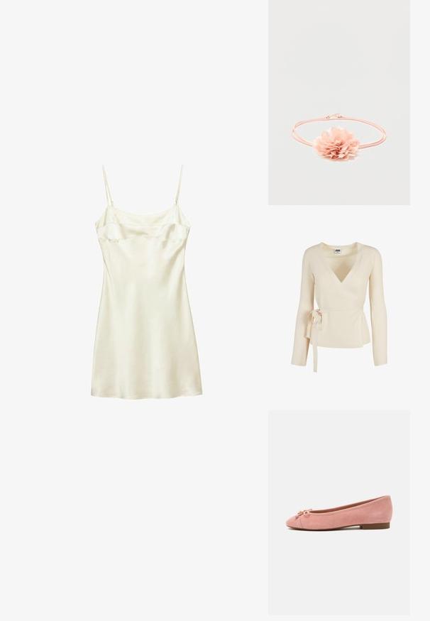Pull cache-cœur côtelé couleur crème avec manches longues et ceinture à nouer sur le côté, taille XS de la marque Urban Classics.; Robe nuisette en satin couleur crème avec fines bretelles réglables et corsage ajusté, présentée sur fond blanc.; Ballerine plate en daim rose doux avec petit nœud et accent doré sur l'avant arrondi, talon bas et semelle lisse.; Bandeau élastique rose avec une fleur en tissu doux aux pétales superposés au centre sur fond blanc.