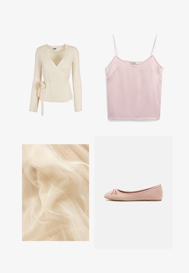 Haut enveloppant beige à côtes avec un décolleté en V profond, des manches longues et un détail noué à la taille. Texture douce avec un motif subtil.; Haut sans manches rose avec des bretelles fines, décolleté en V, texture douce et deux poches latérales. L'étiquette indique "IVY OAK". Design simple et épuré.; Tissu en tulle beige clair avec une texture douce et transparente, présentant un tissage en maille fine qui crée de douces vagues et plis.; Des ballerines en suede rose doux avec un bout arrondi et un petit nœud sur le devant, dotées d'une semelle plate basse.