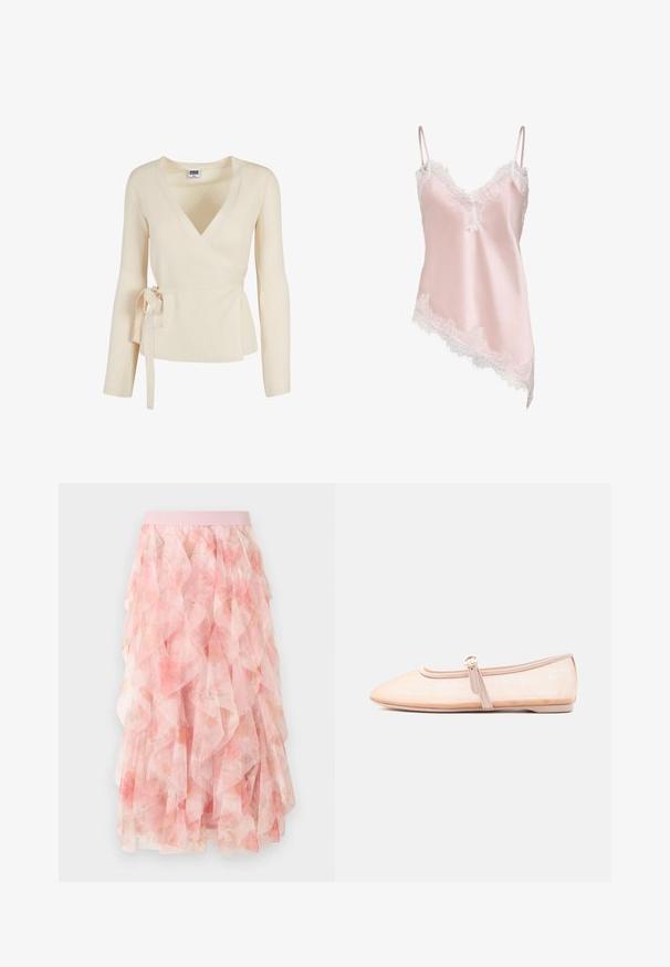 Haut enveloppant beige à côtes avec un décolleté en V profond, des manches longues et un détail noué à la taille. Texture douce avec un motif subtil.; Caraco en satin rose clair avec bordure en dentelle blanche le long du décolleté en V, de l'ourlet et fines bretelles réglables, avec un ourlet asymétrique.; Jupe midi en tulle rose à couches avec motif floral et taille élastique, présentant des textures douces et volantées.; Chaussure plate beige clair avec un bout pointu et une bride latérale avec boucle, présentée sur un fond blanc uni.
