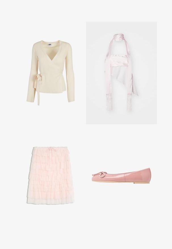 Pull cache-cœur côtelé couleur crème avec manches longues et ceinture à nouer sur le côté, taille XS de la marque Urban Classics.; Écharpe en satin rose avec un design long, présentant des bords frangés et une cravate fine. Sa texture lisse et sa forme drapée renforcent son élégance.; Jupe en tulle rose clair à étages avec plusieurs couches à volants et un petit nœud devant à la taille élastique.; Ballerines en cuir verni rose avec un bout arrondi, détail en corde à l'avant et semelle en caoutchouc beige. Fini lisse et brillant sur l'ensemble.