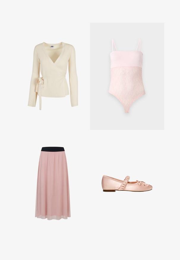 Pull cache-cœur côtelé couleur crème avec manches longues et ceinture à nouer sur le côté, taille XS de la marque Urban Classics.; Body en dentelle rose clair avec bretelles spaghetti et une partie supérieure lase sur un fond clair uni.; Jupe rose longueur cheville avec une couche extérieure transparente et une large ceinture élastique noire.; Une ballerine plate en satin rose pâle avec une bride élastique froncée et un petit nœud décoratif sur fond blanc.