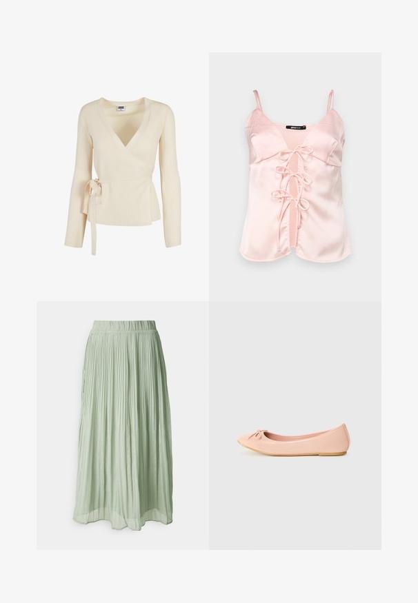 Haut enveloppant beige à côtes avec un décolleté en V profond, des manches longues et un détail noué à la taille. Texture douce avec un motif subtil.; Camisole en satin rose avec des bretelles spaghetti réglables, dotée d'une fermeture à nouer à l'avant avec des anses et d'un décolleté en V. Texture lisse et lignes épurées.; Jupe midi plissée en tissu vert clair avec une texture douce. Taille élastique, design fluide et léger éclat partout.; Ballerine en matériau synthétique rose clair avec un bout arrondi, ornée d'un petit nœud et d'une semelle flexible.