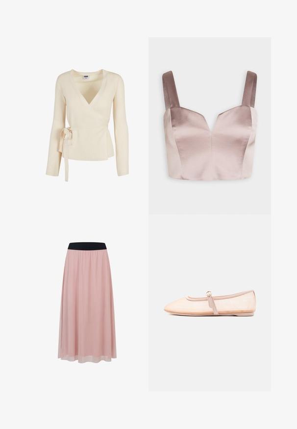 Pull cache-cœur côtelé couleur crème avec manches longues et ceinture à nouer sur le côté, taille XS de la marque Urban Classics.; Swing Débardeur - fading lilac; Jupe rose longueur cheville avec une couche extérieure transparente et une large ceinture élastique noire.; Chaussure plate beige clair avec un bout pointu et une bride latérale avec boucle, présentée sur un fond blanc uni.