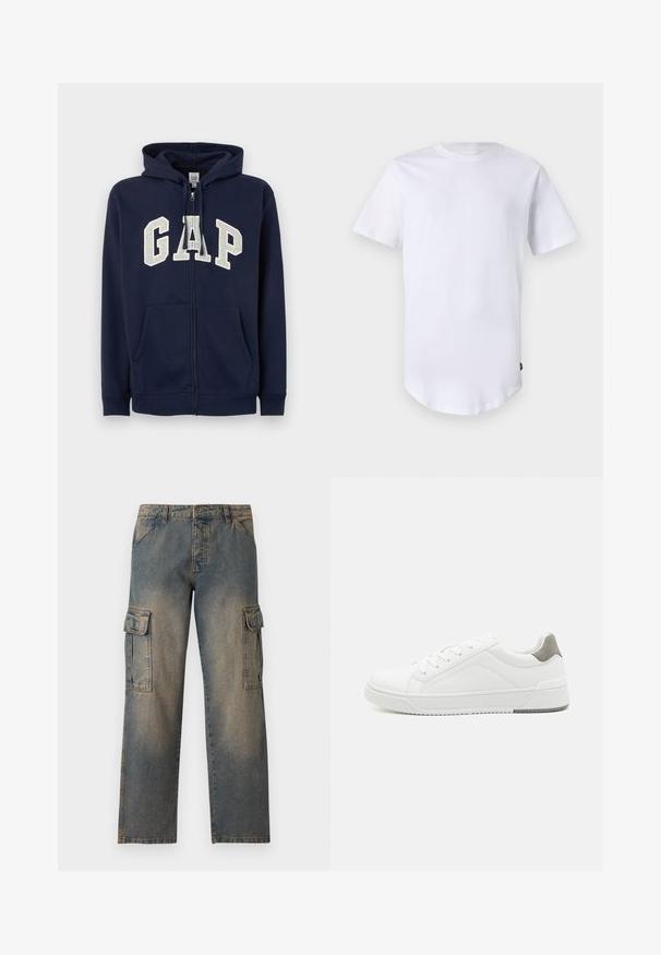 GAP HERITAGE LOGO - Sweatjakke - tapestry navy; Hvid kortærmet t-shirt lavet af bomuld. Rund halsudskæring med en buet kant. Etiket synlig på nederste venstre side. Glat tekstur.; Denim cargo bukser med en falmet blå farve, løs pasform, to store sidelommer, quiltede sømme og et klassisk taljebånddesign.; Hvid sneaker lavet af glat læder, rund tå, minimalistisk design, grå hælafsats og tekstureret gummisål.