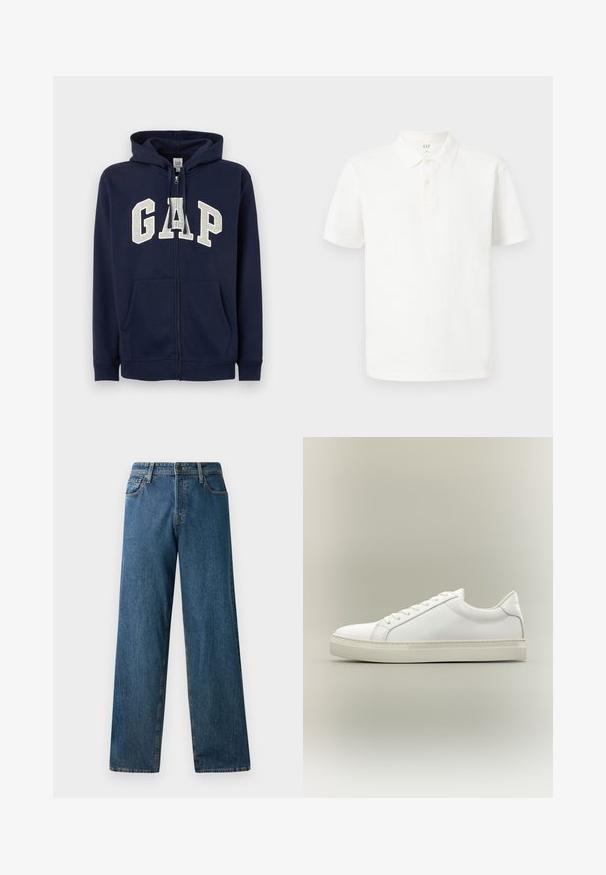 GAP HERITAGE LOGO - Sweatjakke - tapestry navy; Hvid polo shirt lavet af bomuld med klassisk krave, korte ærmer, to-knap lukning og subtilt tekstureret stof.; Mørkeblå denimjeans med en afslappet pasform, lige ben, fem lommer og kontrasterende syninger. Har en frontknap og lynlås lukning.; Hvid lavtop sneaker med snørebånd foran og tyk sål, vist fra siden mod en neutral baggrund.