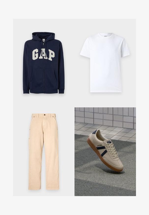 GAP HERITAGE LOGO - Φούτερ με φερμουάρ - tapestry navy; Λευκό βαμβακερό μπλουζάκι με στρογγυλή λαιμόκοψη και κοντά μανίκια. Απλός σχεδιασμός χωρίς μοτίβα ή γραφικά, με την επωνυμία GAP στον γιακά.; Μπεζ βαμβακερό παντελόνι με ίσια γραμμή, διαθέτει πλαϊνές τσέπες, θηλιές για ζώνη και μπροστινό κλείσιμο με κουμπί. Λείος υφασμάτινος σχεδιασμός, μινιμαλιστική αισθητική.; Μπεζ αθλητικά παπούτσια με υφή, ναυτικά ρίγες και καουτσούκ σόλα. Διαθέτουν επενδεδυμένη γλώσσα και παραδοσιακό σύστημα δεσίματος για σφιχτή εφαρμογή.