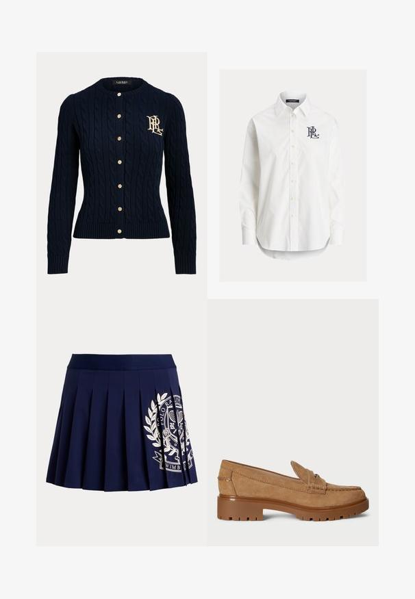 Navyblauwe kabelgebreide cardigan met gouden knopen en geborduurd monogram op de linkerborst, lange mouwen en geribde boorden en zoom.; Wit overhemd met lange mouwen, knopen, een puntige kraag en een zwart geborduurd logo op de linkerborst.; Marineblauwe geplooide rok met brede tailleband en wit tennis-thema wapenlogo aan de rechteronderkant.; Bruine suède instappers met een iets verhoogde rubberen buitenzool. Heeft een gestikt detail op de neus en een gevouwen bovenkant voor een extra design.