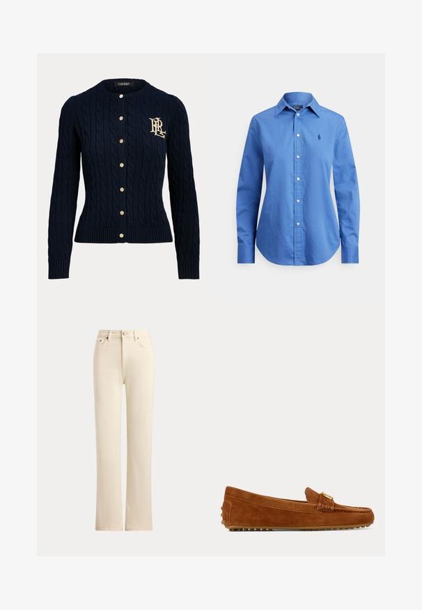 Námornícky modrý sveter cardigan s pleteným vrkočovým vzorom, zlatými gombíkmi a vyšívaným monogramom na ľavej strane hrudníka, s dlhými rukávmi a rebrovanými manžetami a lemom.; Modrá košeľa s dlhými rukávmi a zapínaním na gombíky, s ostrým golierom a malým vyšívaným logom na ľavej strane hrudníka, zobrazená na bielom pozadí.; Kravské rovné rifle svetlo krémovej farby s predným zapínaním na gombíky a piatimi vreckami na jednoduchom pozadí.; Hnedý semišový mokasín so zlatou prackou a gumovou podrážkou s hrubým vzorom, zobrazený z boku na jednofarebnom pozadí.