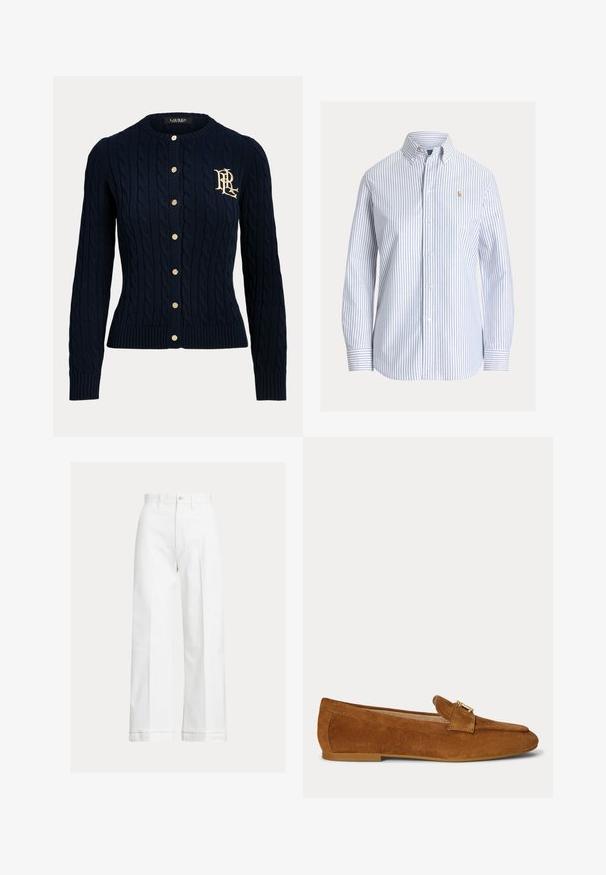 Námornícky modrý sveter cardigan s pleteným vrkočovým vzorom, zlatými gombíkmi a vyšívaným monogramom na ľavej strane hrudníka, s dlhými rukávmi a rebrovanými manžetami a lemom.; Biela košeľa na gombíky s vertikálnymi svetlomodrými pásmi, golier s gombíkmi a malým vyšívaným logom na ľavej strane hrudníka.; Biele široké nohavice z bavlny s vysokým pásom, gombíkovým zapínaním a jemnými záhybmi behúcimi pozdĺž prednej časti.; Hnedý semišový mokasín s detailom zlatej kovovej pracky na vrchu a nízkou podpätkovou podrážkou.