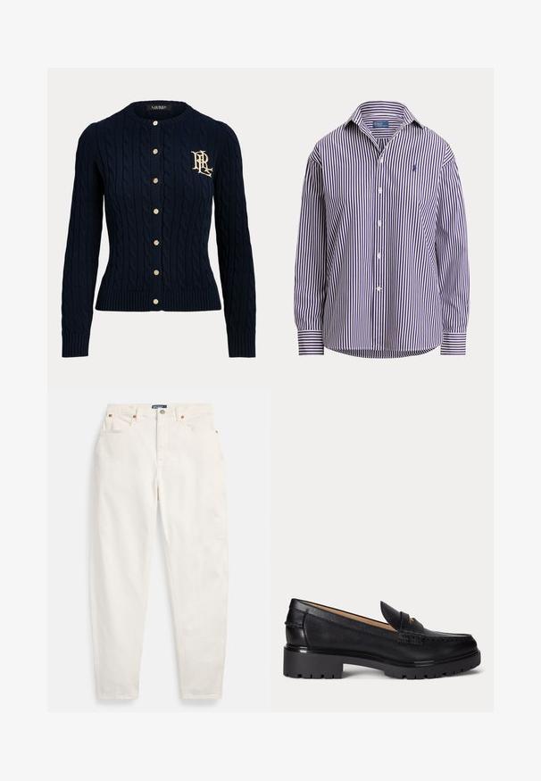 Marineblå kabelstrikket cardigan med guldknapper og broderet monogram på venstre bryst, lange ærmer og ribstrikkede manchetter og kant.; Langærmet skjorte med knapper med lodrette marineblå og hvide striber og et lille broderet navy-logo på venstre bryst.; Hvide høj-taljede jeans med lige ben, foran knap og lynlås, fem-lommer design og Polo mærkeetiket på linningen.; Sort læderloafer med grov rillede såler, lav hæl og dekorativ rem over fronten.
