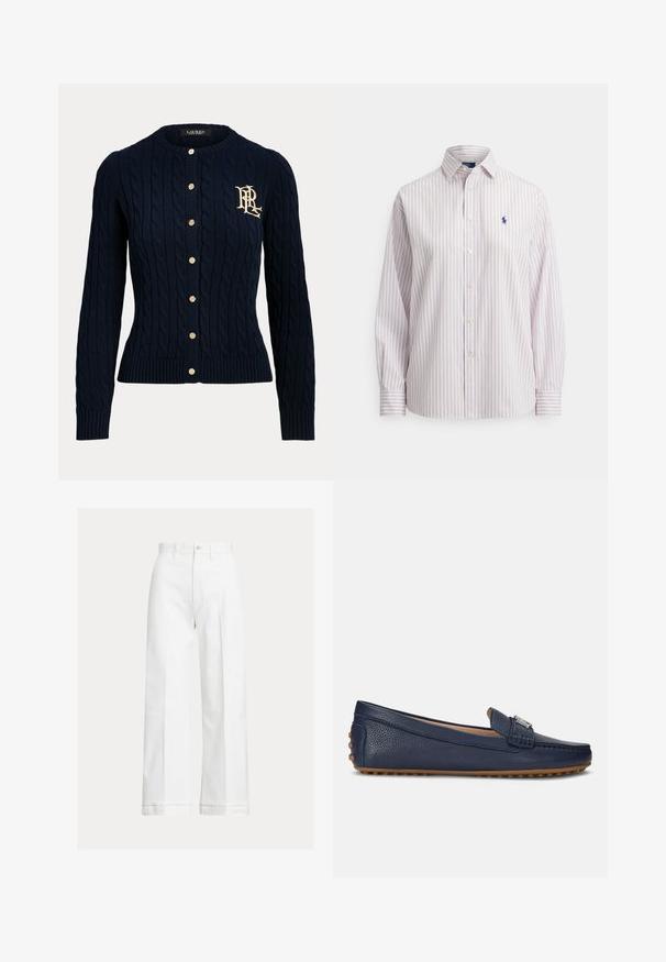 Marineblå kabelstrikket cardigan med guldknapper og broderet monogram på venstre bryst, lange ærmer og ribstrikkede manchetter og kant.; Langærmet skjorte med knapper, tynde lodrette striber i rød og blå, spids krave og lille marineblåt broderet hestelogo på brystet.; Hvide vidde bukser i bomuld med høj talje, knaplukning og diskrete pressekeder, der løber langs forsiden.; Marineblå læder loafers med tekstureret finish, slip-on design, broderede detaljer og gummisåler med knopper for bedre greb.
