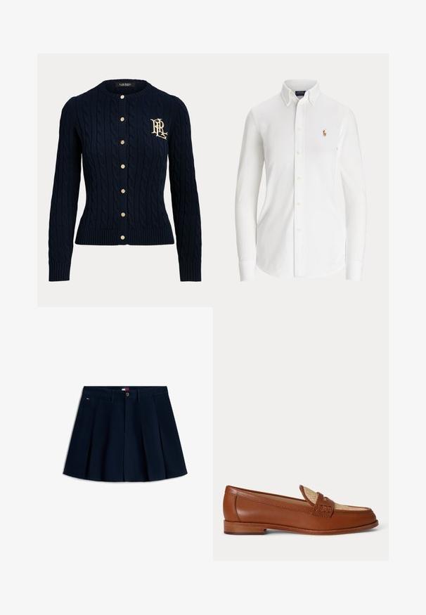 Námornícky modrý sveter cardigan s pleteným vrkočovým vzorom, zlatými gombíkmi a vyšívaným monogramom na ľavej strane hrudníka, s dlhými rukávmi a rebrovanými manžetami a lemom.; Biela košeľa s dlhým rukávom zapínaná na gombíky, golierom na gombíky a malým vyšitým logom hráča póla na hrudi.; Tmavomodrá plisovaná mini sukňa s prednými gombíkmi a zipsom, pútkami na opasok, bočnými vreckami a malým logom na ľavom bedro.; Hnedá kožená mokasína s pleteným béžovým panelom na vrchu, nízkym dreveným podpätkom a tradičným dizajnom remienka na mincu na bielom pozadí.