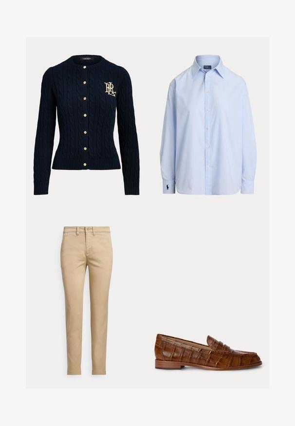 Marineblå kabelstrikket cardigan med guldknapper og broderet monogram på venstre bryst, lange ærmer og ribstrikkede manchetter og kant.; Lyseblå langærmet skjorte med knapper og spids krave samt broderet logo på venstre manchet, vist på hvid baggrund.; Beige bomuldschinos med lige pasform, der har knaplukning, forlommer og syningsdetaljer langs sømmene.; Brun læderloafer med krokodillemønster, lavt træhæl og en rem tværs over toppen, vist mod en ensfarvet baggrund.
