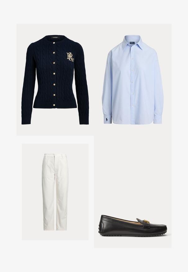 Marineblå kabelstrikket cardigan med guldknapper og broderet monogram på venstre bryst, lange ærmer og ribstrikkede manchetter og kant.; Lyseblå langærmet skjorte med knapper og spids krave samt broderet logo på venstre manchet, vist på hvid baggrund.; Hvide bukser med lige ben, store foran-lommer, bæltestropper og lukning med knap i taljen.; Sort læderloafer med guldbeslag og gummisåle med nitter, vist fra siden på hvid baggrund.