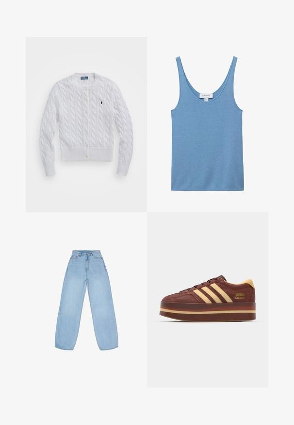 Hvid kabelstrikket cardigan med rund halsudskæring, ribbede manchetter og kant, prydet med gule knapper og et lille mørkt logo på venstre bryst.; Lyseblå ribstrikket tanktop med rundet halsudskæring og tynde skulderstropper, mærkat synligt på bagsiden inde i kraven.; Lyseblå denim vide jeans med høj talje, forlommer og en enkel knaplukning. Teksturen er glat med mildt falmede områder.; Brune ruskinds sneaker med gule detaljer, der har tre laterale striber, en tyk platformssål og en guldslogo detalje.