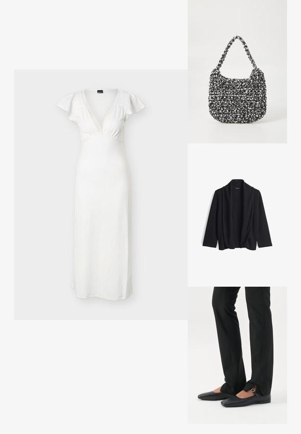 Schwarze offene Strickjacke aus weichem Material, mit einem drapierten Kragen und drei Viertel Ärmeln. Keine Verschlüsse oder Muster.; Weißes Maxikleid mit kurzen Ärmeln, tiefem V-Ausschnitt, tailliertem Empire-Schnitt, zarter Spitzenverzierung und weichem, fließendem Stoff.; Beine in schwarzen schmalen Hosen mit vorderen Schlitzen am Saum, kombiniert mit schwarzen flachen Mary-Jane-Schuhen mit kleinem Schnallenriemen.; Gewebte Handtasche in Schwarz und Weiß mit runder Form, strukturiertem Oberflächenfinish und geflochtener Grifffläche. Geeignet für den lässigen Gebrauch.