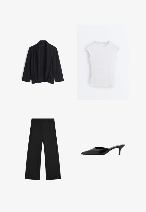 Cardigan noir ouvert à l'avant, fabriqué en tissu doux, avec un col drapé et des manches trois-quarts. Sans fermetures ni motifs.; Haut sans manches blanc côtelé avec encolure ronde et détails de coutures courbes sur un fond blanc uni.; Pantalon noir à jambes larges, taille haute, avec une petite fermeture éclair visible sur le côté droit, présenté à plat sur fond blanc.; Mule en cuir noir à bout pointu, avec un petit talon fin et un design sans contrefort pour enfiler facilement.