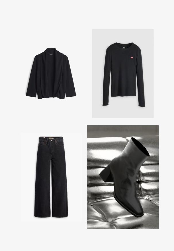 Zwarte open voor cardigan gemaakt van zachte stof, met een gedrapeerde kraag en driekwart mouwen. Geen sluitingen of patronen.; Zwarte langemouwen T-shirt van katoen, met een ronde hals en een klein rood Levi's-logo op de linkerkant van de borst. Textuurstof.; Zwarte brede jeans gemaakt van denim, met vijf zakken, koperen klinknagels en een klassieke knoopsluiting. Glad van textuur met een strakke uitstraling.; Zwarte enkellaarsjes van glanzend materiaal met een vierkante neus en taps toelopende hak, afgezet tegen een glanzende zilveren gecapitonneerde achtergrond.