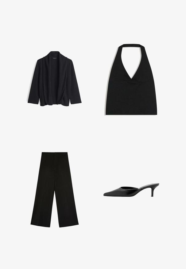 Schwarze offene Strickjacke aus weichem Material, mit einem drapierten Kragen und drei Viertel Ärmeln. Keine Verschlüsse oder Muster.; Schwarzes bauchfreies Top mit Neckholder und tiefem V-Ausschnitt sowie breitem Nackenriemen vor weißem Hintergrund.; Schwarze weit geschnittene Hose mit Knopf- und Reißverschluss, Gürtelschlaufen und vorderen Bügelfalten, flach auf weißem Hintergrund liegend.; Schwarzer Leder-Mule mit spitz zulaufender Zehenpartie, niedrigem, schlankem Absatz und hinten offenem Schlupf-Design.