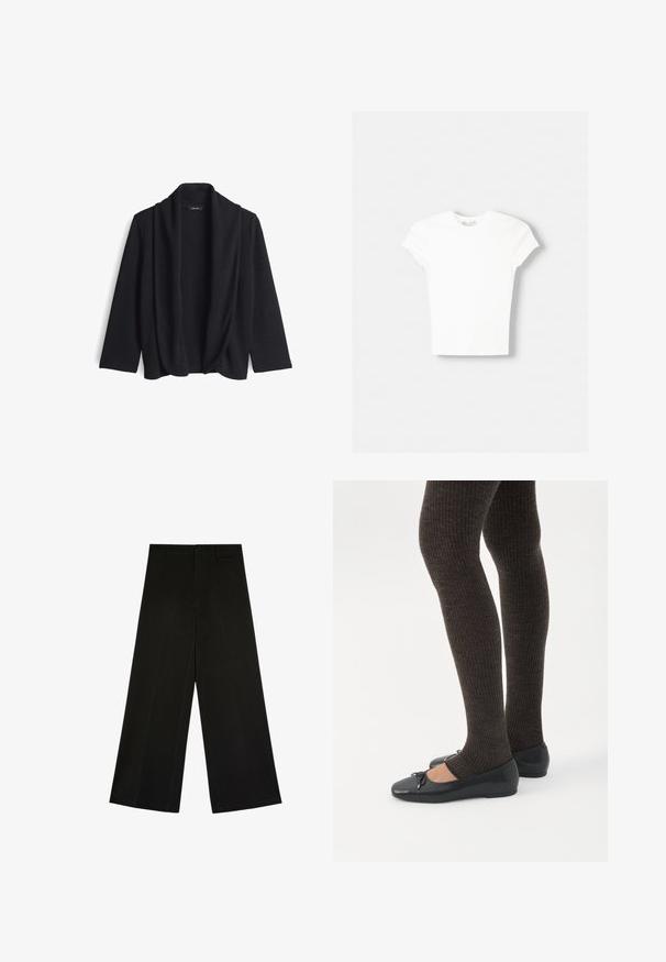 Cardigan noir ouvert à l'avant, fabriqué en tissu doux, avec un col drapé et des manches trois-quarts. Sans fermetures ni motifs.; T-shirt blanc à manches courtes en coton doux, avec un col rond et une coupe ajustée. Pas de motifs ni d'ornements visibles.; Pantalon noir à jambes larges avec fermeture par bouton et zip, passants de ceinture et plis d’avant, posé à plat sur fond blanc.; Jambes portant des leggings côtelés foncés associés à des ballerines noires avec de petits détails en nœud sur fond blanc.