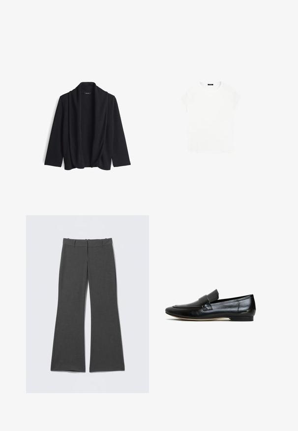 Schwarze offene Strickjacke aus weichem Material, mit einem drapierten Kragen und drei Viertel Ärmeln. Keine Verschlüsse oder Muster.; Weißes Baumwoll-T-Shirt mit rundem Ausschnitt und kurzen Ärmeln. Einfaches Design, ohne Muster oder Akzente. Weiche, glatte Textur.; Graue ausgestellte Hose aus leichterem Stoff. Mit flachem Bund, feinen Nähten und glatter Textur ohne sichtbare Muster.; Schwarze Lederloafers mit glatter Oberfläche, abgerundetem Zehenbereich und einem dekorativen Riemen über dem Rist. Leichte Sohle mit einem leichten Absatz.