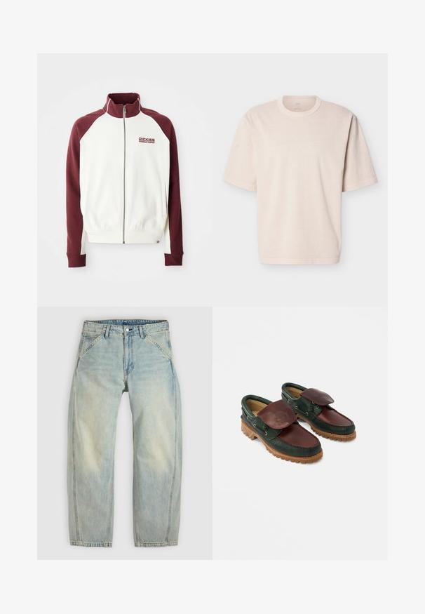 Sweat-shirt zippé couleur écru avec des manches raglan bordeaux. Il dispose de poignets et d'un ourlet côtelés, ainsi qu'un petit logo sur la poitrine. Texture lisse.; T-shirt beige oversize à manches courtes avec col rond et couture simple, présenté à plat sur un fond blanc.; Jean large couleur bleu clair en denim. Comprend cinq poches, une fermeture par bouton et des zones délavées pour un aspect usé.; Chaussures en cuir avec un corps vert foncé, un dessus bordeaux, un bout rond, un rabat sécurisé et une semelle en caoutchouc texturée avec des rainures.