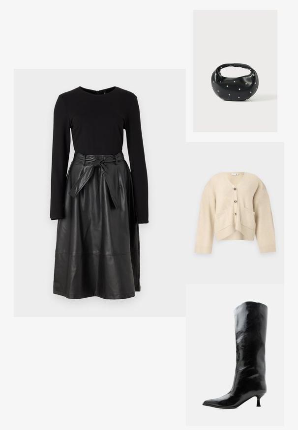 Cardigan beige avec un décolleté en V, deux poches avant et cinq boutons. Présente des poignets et un ourlet côtelés, fabriqué dans un matériau doux et texturé.; Haut noir à manches longues associé à une jupe en simili cuir noir, avec une taille nouée et une texture lisse et brillante.; Botte en cuir noire brillante, haute jusqu'au genou, avec bout pointu et talon bas courbé sur un fond clair uni.; Sac à main en cuir noir de forme arrondie, décoré de clous argentés et équipé d'une poignée courte. Texture lisse et fermeture éclair.