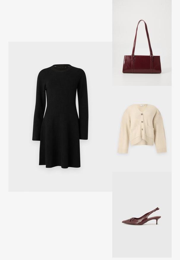Beige cardigan med V-hals, to forlommer og fem knapper. Har ribbede ærmer og kant med et blødt, struktureret materiale.; Sort langærmet kjole lavet af blødt stof. Har en rund halsudskæring, tætsiddende overdel og flagrende skirt, med en glat tekstur. Ingen mønstre eller accenter.; Bordeaux læder slingback hæl med spidse tå, justerbar rem og dekorativ sløjfedetalje foran. 7,5 cm hælhøjde.; Bordeaux håndtaske lavet af glansfuldt materiale, rektangulær form, med to skulderremme og subtile buede detaljer på forsiden.