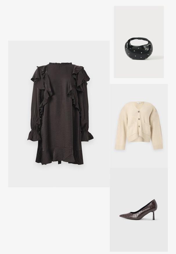 Beige cardigan med V-hals, to forlommer og fem knapper. Har ribbede ærmer og kant med et blødt, struktureret materiale.; Sorte kjole lavet af skinnende stof med flæser langs skuldre og ærmer. Har en høj halsudskæring og udfoldede manchetter.; Brune kunstlæder stiletter med spidse tæer og krokodilletekstur, der har en slank, vinklet hæl og en glat inderside.; Sort læderhåndtaske med en rundet form, dekoreret med sølvnitter, og et kort håndtag. Glat tekstur og lynlåslukning.