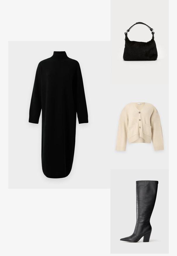Cardigan beige avec un décolleté en V, deux poches avant et cinq boutons. Présente des poignets et un ourlet côtelés, fabriqué dans un matériau doux et texturé.; Robe midi tricot à col roulé noir à manches longues, avec des poignets et un ourlet côtelés, présentée sur un fond blanc uni.; Botte en cuir noire à hauteur de genou avec bout pointu et talon large, présentée en profil latéral gauche sur fond blanc.; Sac à main en fausse fourrure noire avec une texture douce, une forme arrondie et une bandoulière en cuir noir robuste. Accent en métal argenté visible.