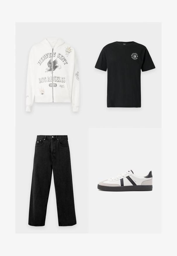 Haut zippé blanc avec un texte graphique "HEAVEN SENT LOS ANGELES 1971", un design d'aigle et des patchs décoratifs incluant un soleil et une carte à jouer.; T-shirt en coton noir à manches courtes, avec un logo graphique blanc sur la poitrine gauche. Design classique à col ras du cou. Coupe standard.; Jeans larges noirs en denim, dotés d'une fermeture éclair et de poches avant. Logo de marque discret sur la ceinture. Texture mate.; Baskets blanches avec des accents noirs et gris, présentant un embout texturé gris, une semelle en caoutchouc noir et des lacets plats blancs. Design épuré, style minimaliste.