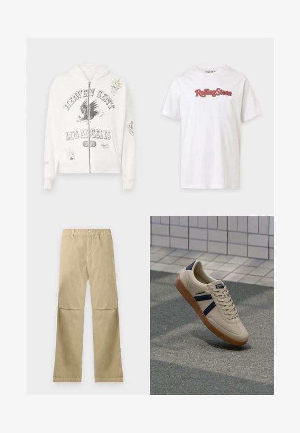 Haut zippé blanc avec un texte graphique "HEAVEN SENT LOS ANGELES 1971", un design d'aigle et des patchs décoratifs incluant un soleil et une carte à jouer.; T-shirt blanc à manches courtes avec logo texte "Rolling Stone" rouge et noir centré sur la poitrine.; Pantalons beiges à jambe droite avec une fermeture à bouton-pression, passants de ceinture et détails de couture aux genoux, posés à plat sur un fond blanc.; Baskets beiges avec une finition texturée, bandes navy et semelle en caoutchouc. Équipées d'une languette rembourrée et d'un système de laçage traditionnel pour un maintien sécurisé.