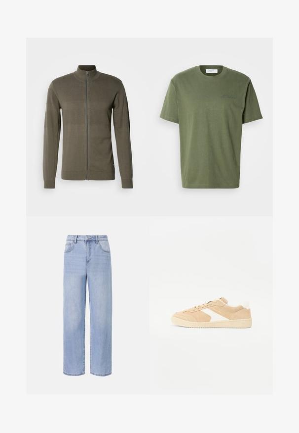 Veste à fermeture éclair de couleur vert olive, avec des panneaux texturés, des manches longues et un col montant. Fabriquée en tissu tricoté lisse.; T-shirt en coton vert olive à manches courtes, col rond, avec un logo discret en texte bleu imprimé sur le devant.; Jean en denim bleu clair avec une coupe décontractée et des jambes larges. Les caractéristiques incluent cinq poches, une fermeture à bouton à l'avant et une décoloration subtile.; Baskets en suède beige avec des accents blancs, bout rond et fermeture à lacets. Tige texturée et semelle en caoutchouc avec un branding discret.