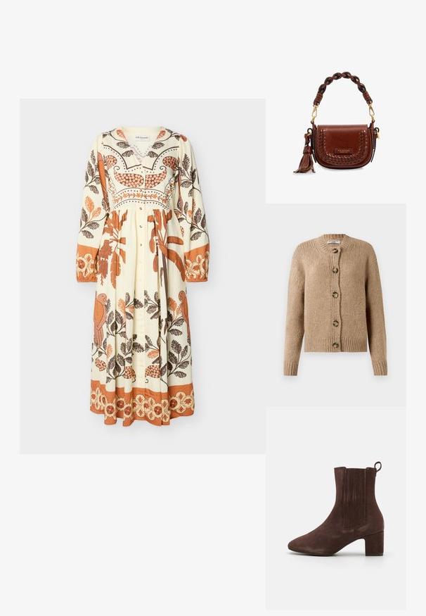 Cárdigan de punto grueso beige con mangas largas, puños y dobladillo acanalados, y cinco grandes botones marrones en la parte delantera.; Vestido largo crema con botones al frente, mangas largas y estampados florales y de pájaros en tonos naranja y marrón por todo el vestido.; Botín de ante marrón hasta el tobillo con un tacón cuadrado, punta afilada, acentos ribeteados en los lados y una lengüeta en la parte posterior; textura lisa en todo.; Bolso bandolera de cuero marrón con asa trenzada, detalle de borla y placa metálica con el logo "The Bridge" en la solapa frontal.