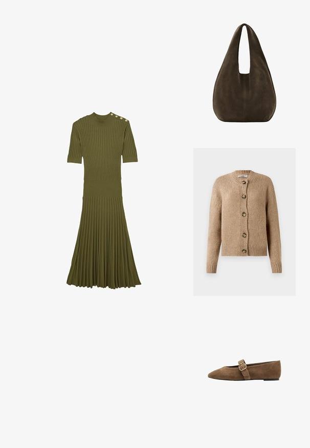 Beige chunky strikket cardigan med lange ærmer, ribbede manchetter og kant, samt fem store brune knapper foran.; Strikket kjole i olivengrøn, med korte ærmer, ribbet øverste del og plisseret nederdel. Fremhævet med knapper på skulderen.; Brun ruskindsflad sko med spids tå, med en rem med en rund guldspænde og en lav sort hæl.; Blød, mørkebrun ruskind hobo-taske med en bred enkelt strop og rundet bund på hvid baggrund.