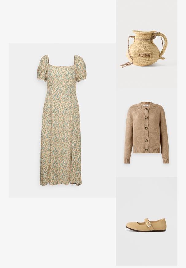 Cárdigan de punto grueso beige con mangas largas, puños y dobladillo acanalados, y cinco grandes botones marrones en la parte delantera.; Even&Odd by Zalando Vestido informal - green/pink; Zapato Mary Jane de ante beige con punta redonda, correa simple con hebilla de plata y suela plana de goma.; Bolso redondo de paja tejido con asa de cuerda y "ALEMAIS" bordado en un lateral con hilo marrón.
