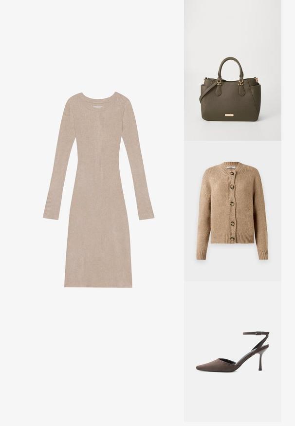 Beige, grob gestrickte Strickjacke mit langen Ärmeln, gerippten Bündchen und Saum sowie fünf großen braunen Knöpfen auf der Vorderseite.; Beiges, geripptes Strickkleid mit langen Ärmeln, Rundhalsausschnitt, figurbetonter Passform und weichem Material. Verfügt über vertikale Linien im gesamten Kleid.; Brauner Veloursleder-Pumps mit spitz zulaufender Spitze, dünnem Knöchelriemen und silberner Schnalle vor weißem Hintergrund.; Olivenfarbene strukturierte Handtasche mit doppelten Griffen, abnehmbarem Schultergurt, Seitentaschen und goldfarbenen Beschlägen auf einem weißen Hintergrund.