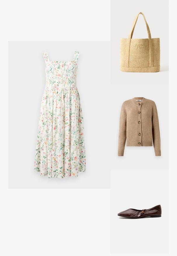 Beige chunky strikket cardigan med lange ærmer, ribbede manchetter og kant, samt fem store brune knapper foran.; Hvid ærmeløs kjole med smocket krop og lagdelt skørt, med flerfarvet blomstermønster og tynde skulderstropper.; Mørkebrun spids læder flad sko med en dekorativ sløjfe og træperler på siden mod en hvid baggrund.; Beige flettet stråtaske med to skulderstropper og subtil kursiv broderi foran, sat mod en ensfarvet baggrund.