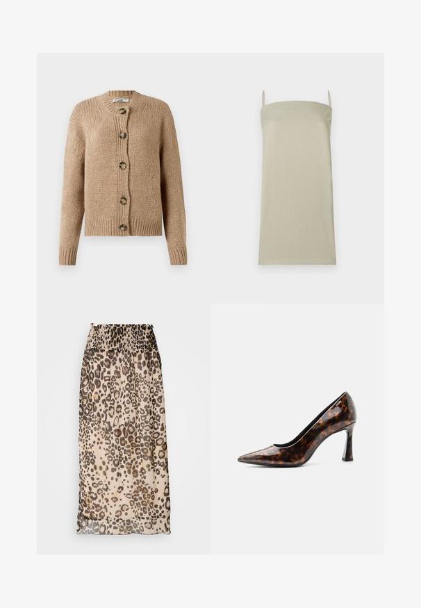 Beige, grob gestrickte Strickjacke mit langen Ärmeln, gerippten Bündchen und Saum sowie fünf großen braunen Knöpfen auf der Vorderseite.; Hellbeiges Camisole-Oberteil mit dünnen Trägern, aus einem strukturierten Stoff gefertigt. Gerades Schnittdesign ohne Muster oder zusätzliche Akzente.; Maxi-Rock mit Leopardenmuster, der einen gerafften Bund, ein leicht durchsichtiges, fließendes Material und einen leicht transparenten Saum bietet.; Brauner Schildpatt-Spitzpump mit glänzendem Finish und mittelhohem, geschwungenem Absatz, von der Seite betrachtet.