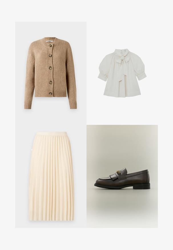 Cárdigan de punto grueso beige con mangas largas, puños y dobladillo acanalados, y cinco grandes botones marrones en la parte delantera.; Blusa color crema con lazo en el cuello, detalles fruncidos y mangas abullonadas con puños abotonados. Tela suave, ajuste relajado.; Falda midi plisada color crema con una cinturilla ajustada, colgando recta contra un fondo liso.; Mocasín de cuero marrón oscuro con detalle de flecos y hebilla dorada en suela negra, mostrado de lado sobre un fondo neutro.