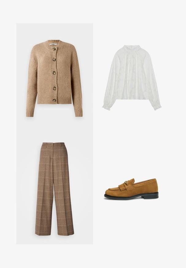 Beige chunky gebreide cardigan met lange mouwen, geribbelde manchetten en zoom, en vijf grote bruine knopen aan de voorkant.; Witte blouse met lange mouwen, voorzien van een gemêleerd bloemenpatroon, een gathered decolletée en elastische manchetten. Zacht, lichtgewicht stof.; Bruine geruite wijde broek met een gestructureerde afwerking, met een hoge taille en twee achterzakken, ontworpen voor een losse pasvorm.; Bruine suède loafer met franjes en gouden ketting op zwarte zool, zijaanzicht.