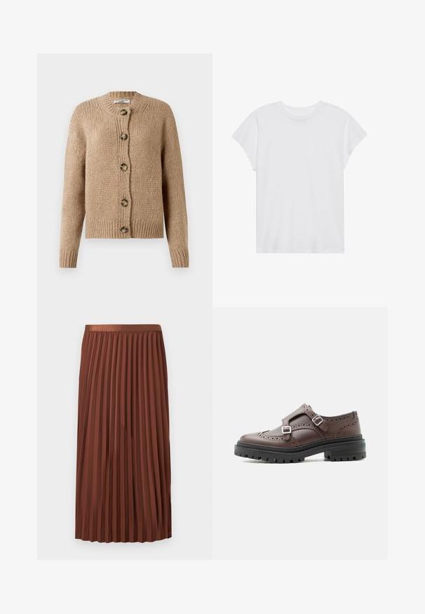 Cárdigan de punto grueso beige con mangas largas, puños y dobladillo acanalados, y cinco grandes botones marrones en la parte delantera.; Camiseta blanca de manga corta con cuello redondo, corte relajado, hecha de suave tela de algodón. Textura lisa, sin estampados ni logotipos.; Falda midi plisada de color marrón con cinturilla elástica, colgada y extendida sobre un fondo blanco.; Zapato derby brogue de cuero marrón con doble hebilla plateada y suela gruesa negra con dibujo, vista lateral sobre fondo blanco.