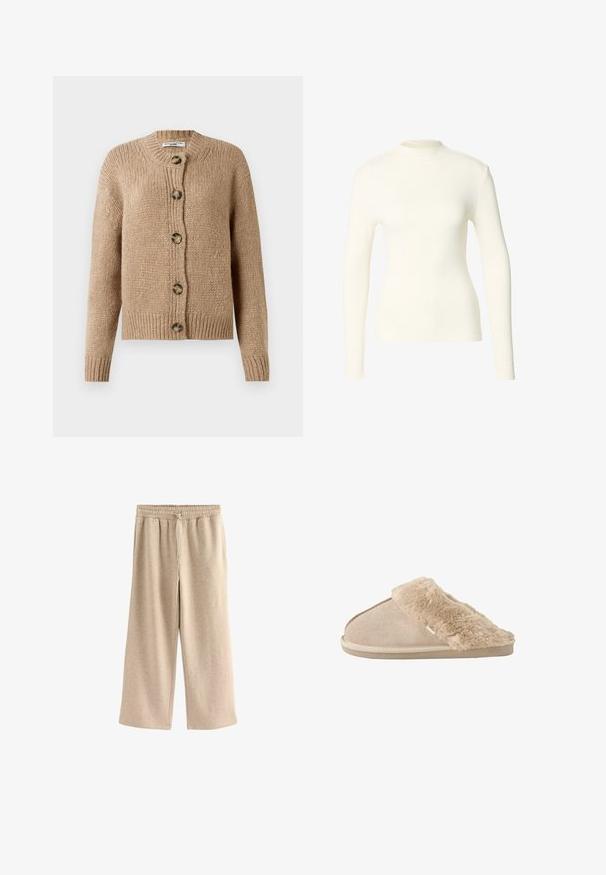 Beige, grob gestrickte Strickjacke mit langen Ärmeln, gerippten Bündchen und Saum sowie fünf großen braunen Knöpfen auf der Vorderseite.; Langärmeliges Oberteil aus weichem cremefarbenem Stoff mit hohem Kragen und figurbetontem Schnitt. Glatte Textur, minimale Details und keine sichtbaren Verschlüsse.; Cremefarbene Schlaghosen aus einem weichen Baumwollmix. Sie verfügen über einen elastischen Bund mit Kordelzug und einer dezenten gesprenkelten Textur.; Beiger Schlupfhausschuh mit weichem Wildleder außen und einem flauschigen, weichen Innenfutter und Bündchen, entwickelt für Komfort im Innenbereich.